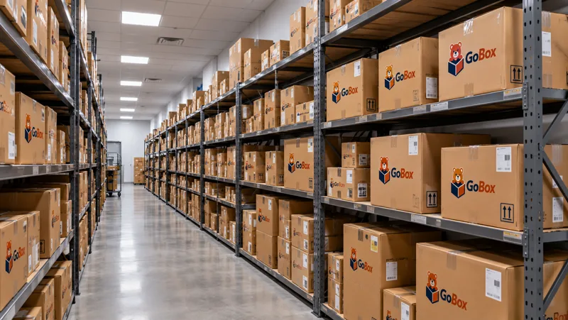 Almacén organizado con paquetes en las instalaciones GoBox, McAllen.